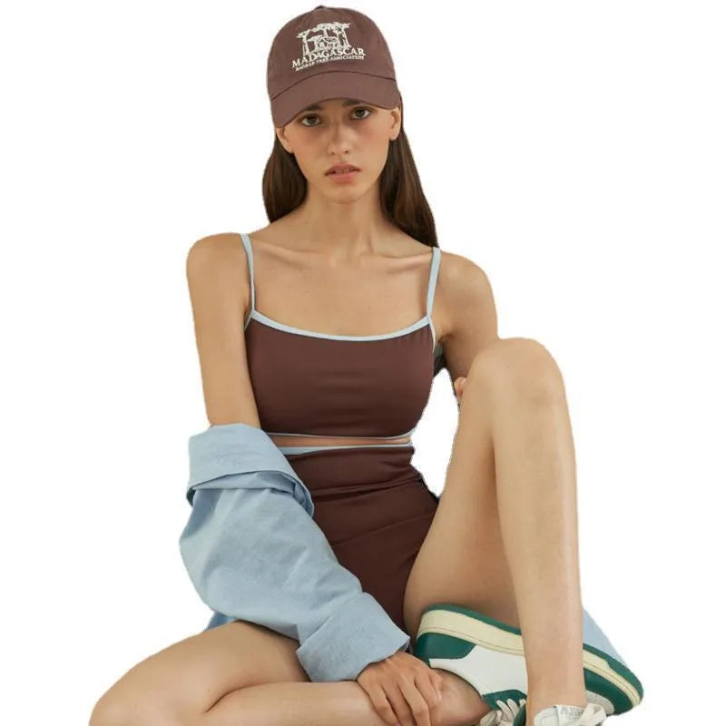 Brown women's one-piece triangle swimsuit made from nylon fabric