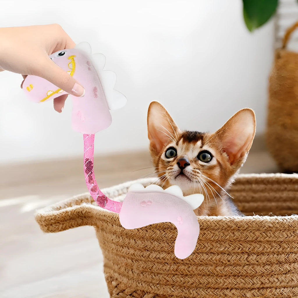 Set of four plush cat toys including a fish, mouse, bunny, and chew toy in assorted colours.
