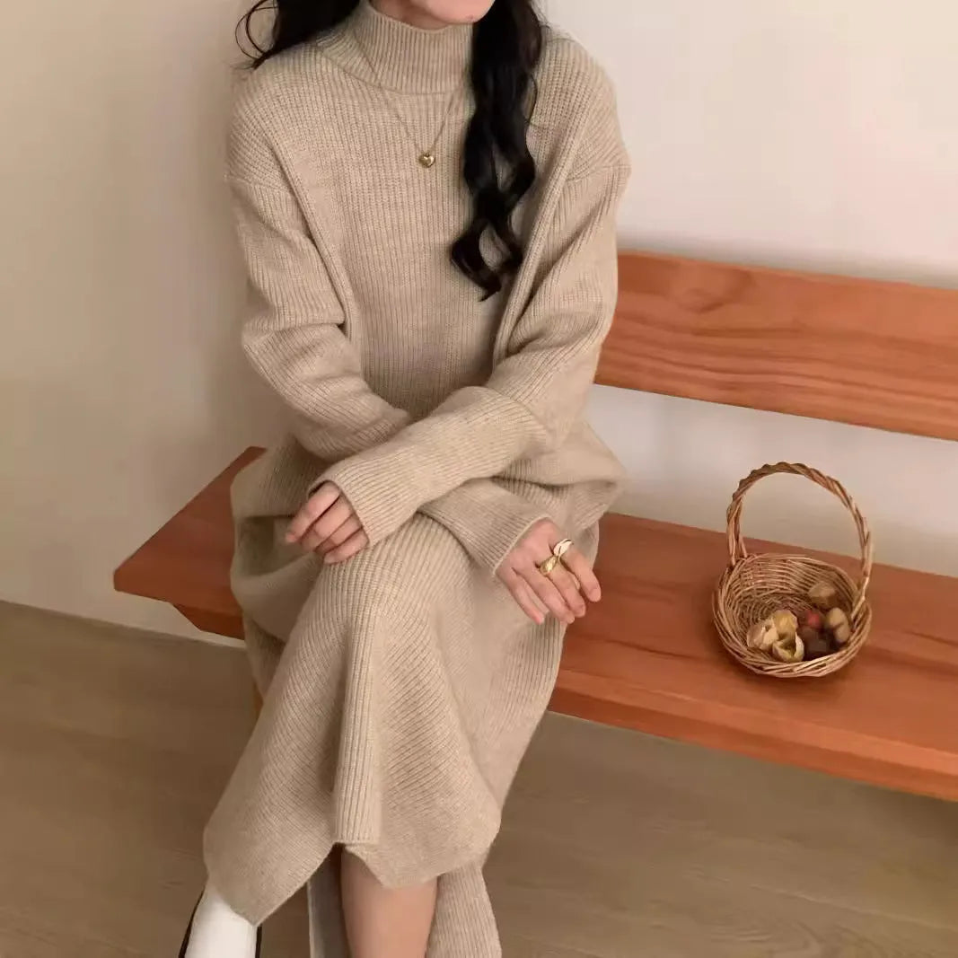 Half turtleneck acrylic knit dress in beige with high waist and midi length for office wear