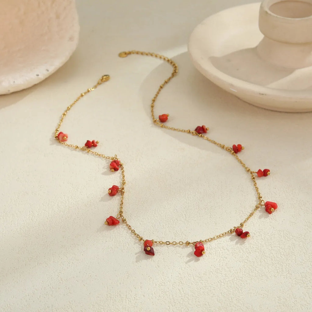Natural stone necklace with stainless steel chain and 18K gold plating, available in amethyst