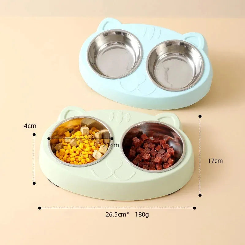 Plastic double bowl pet feeder tray in blue colour for cat and dog feeding