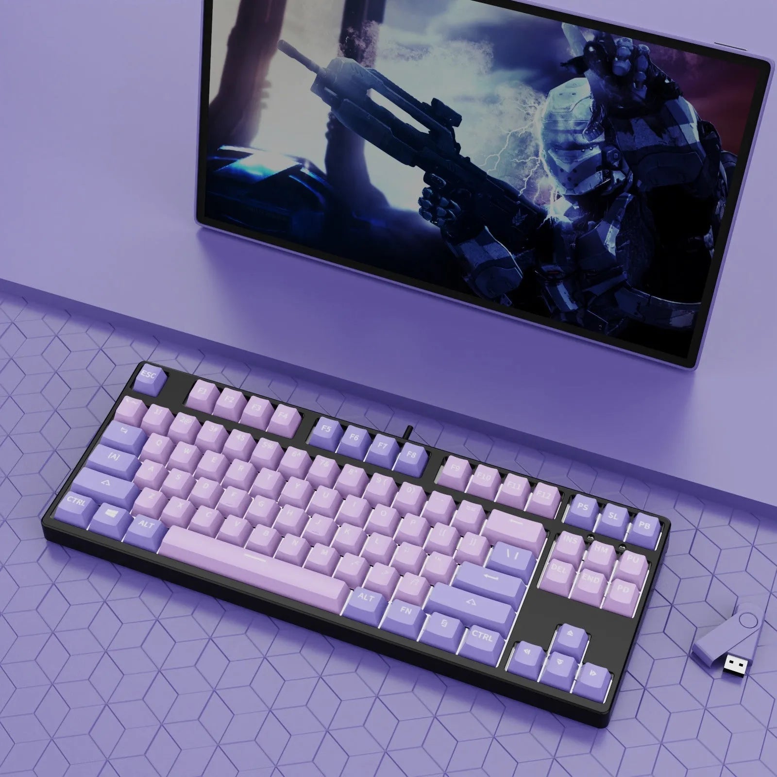 87-key wired mechanical gaming keyboard with colourful keycaps on a metal frame, shown with key puller and cable.