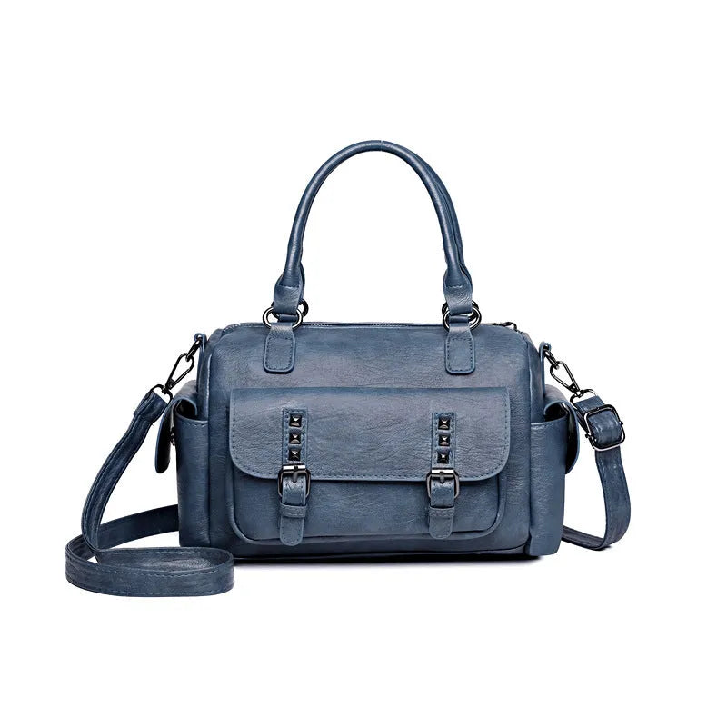Horizontal square vintage messenger bag in PU leather with contrast stitching, shown in multiple colours.