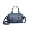 Horizontal square vintage messenger bag in PU leather with contrast stitching, shown in multiple colours.