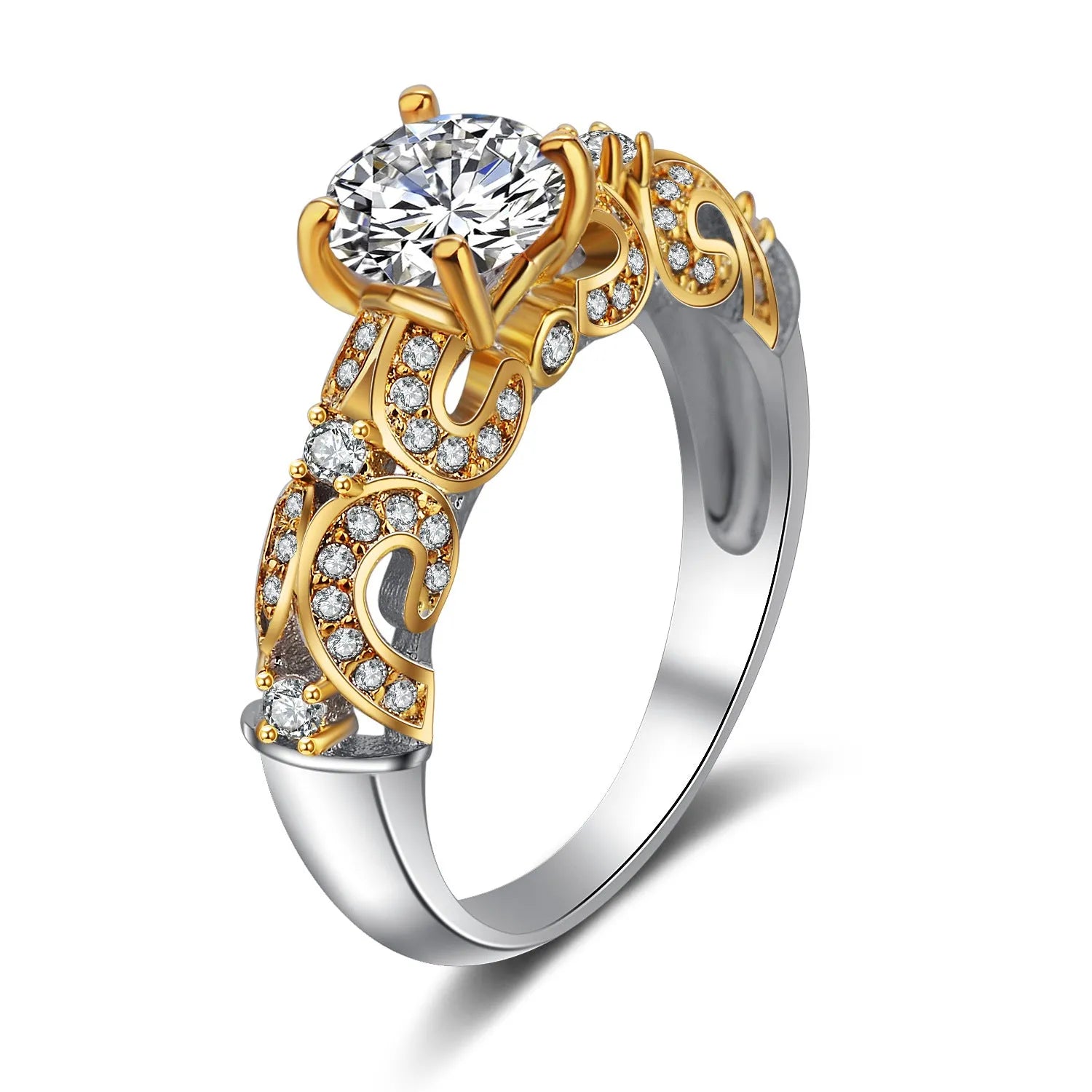 Four-claw inlay simulation diamond ring white copper gold-plated artificial gemstone US sizes 5-10 white gold colour