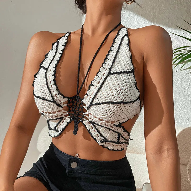 Women's black classic acrylic knit bikini top on model for swimming wading beach wear free size