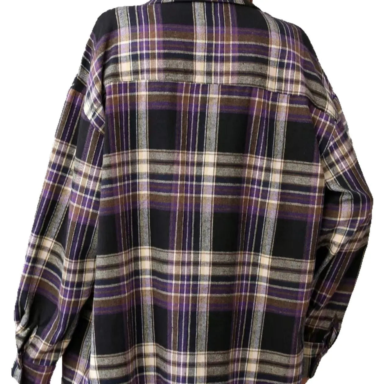 Women's loose fit black and green plaid cotton shirt with long sleeves on a hanger.
