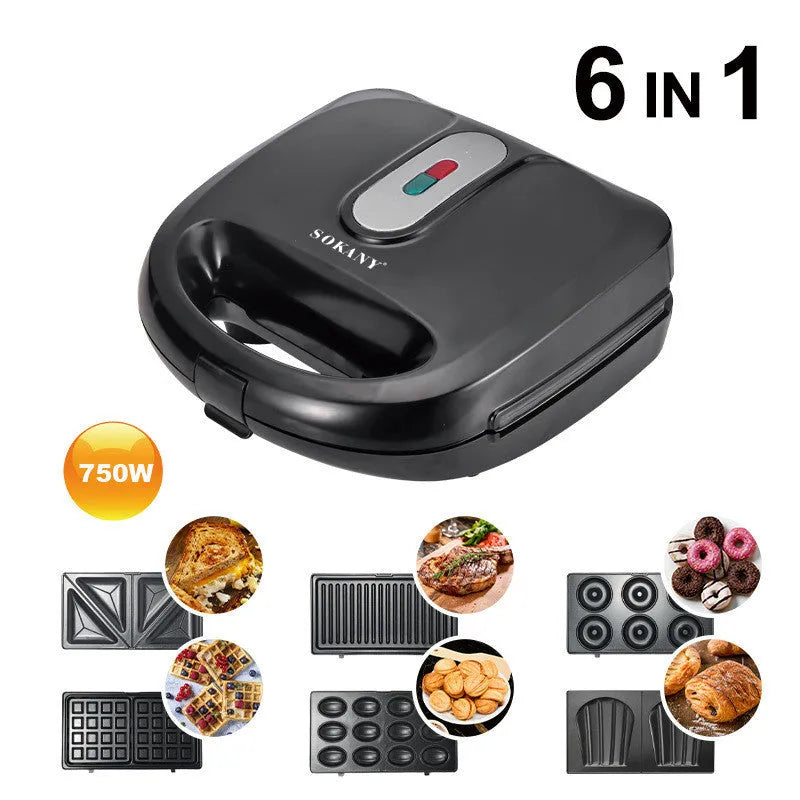 Black double-sided electric sandwich maker with non-stick plates and stainless steel lid