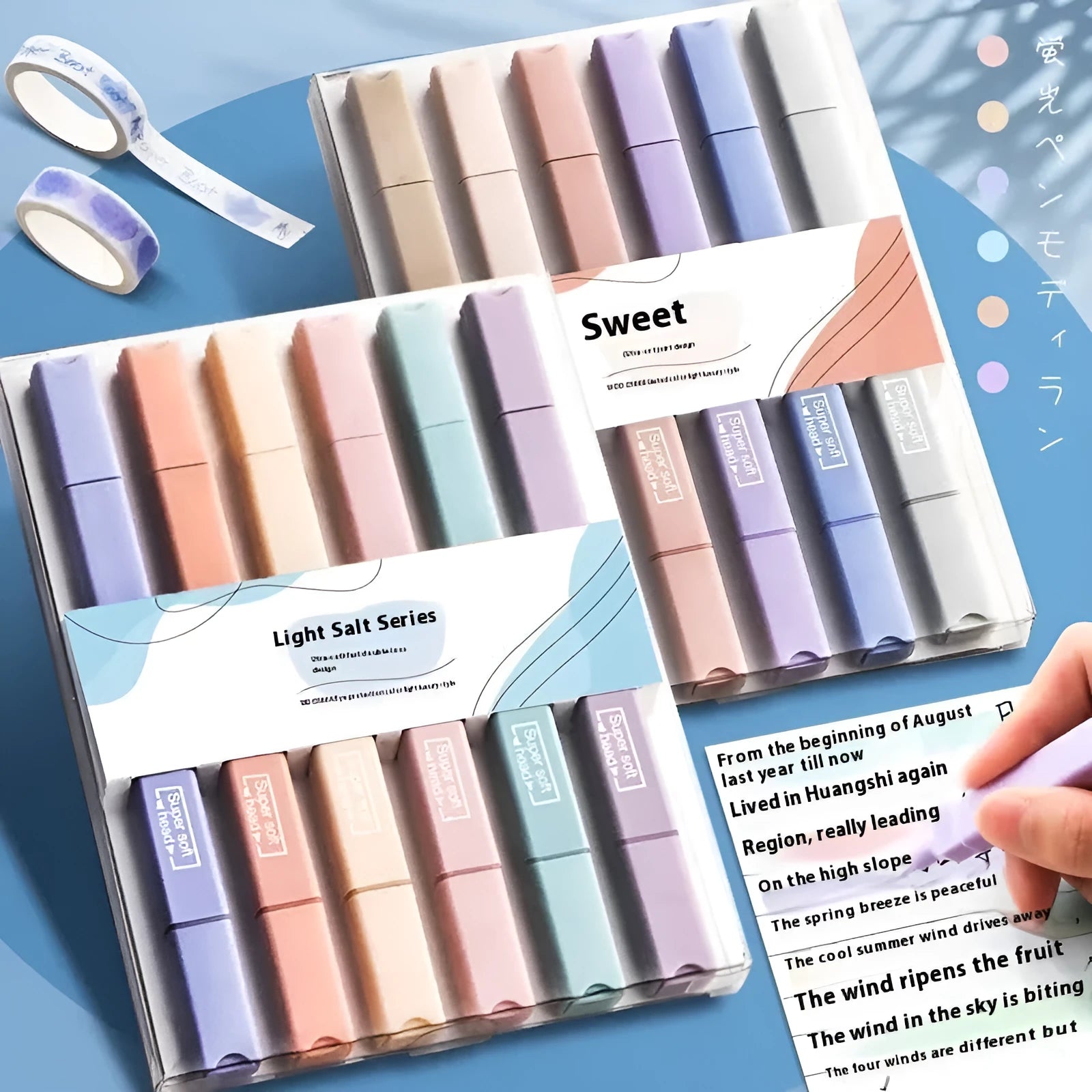Set of double-headed fluorescent marker pens showing twin tips, available in mixed colours, Salt series, and Sweet series packs.