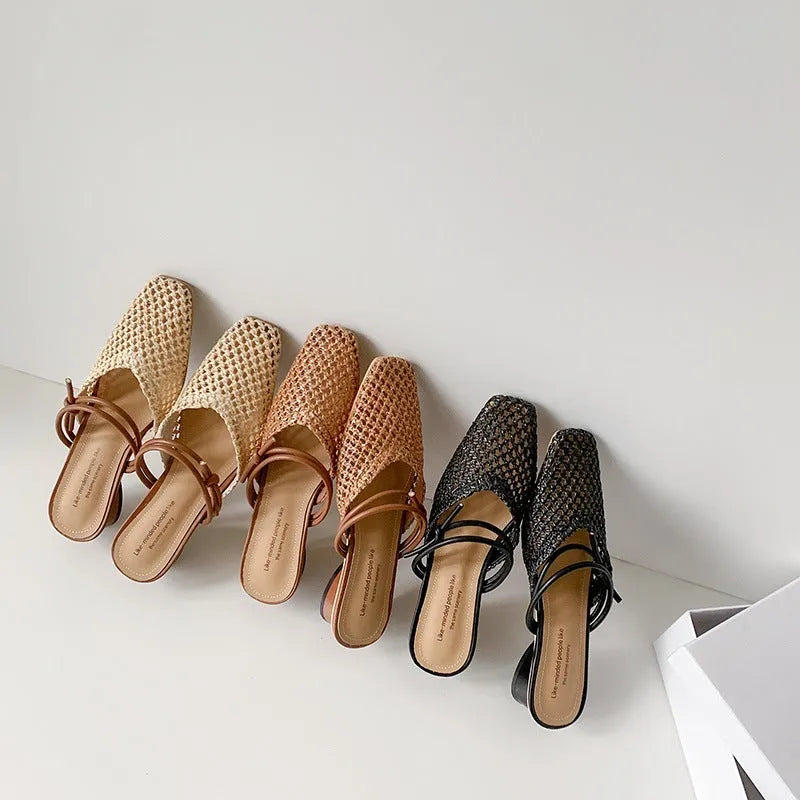 Women's square toe chunky heel slippers in beige colour with hollow-out upper, side view
