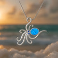 Silver octopus pendant necklace with opal inlay on stainless steel chain