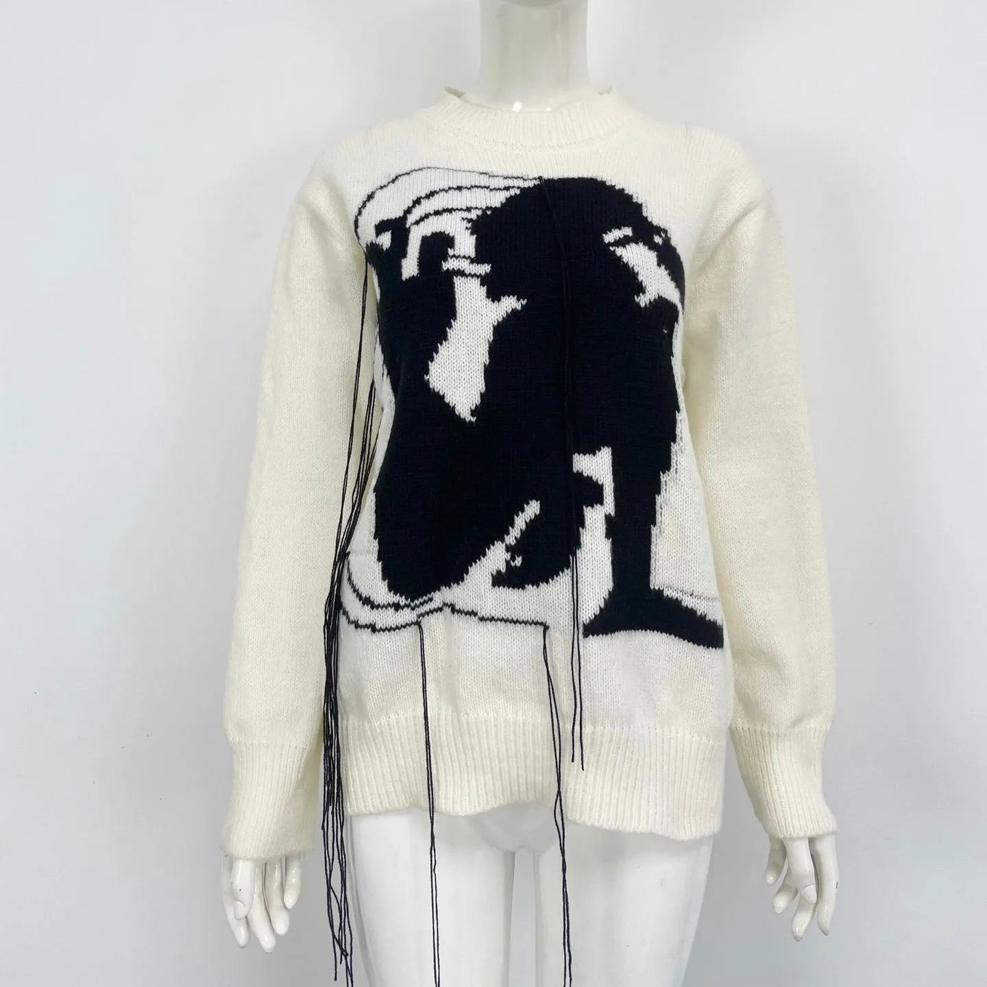Women's loose round neck tassel design sweater in gray alpaca wool blend pullover, front view