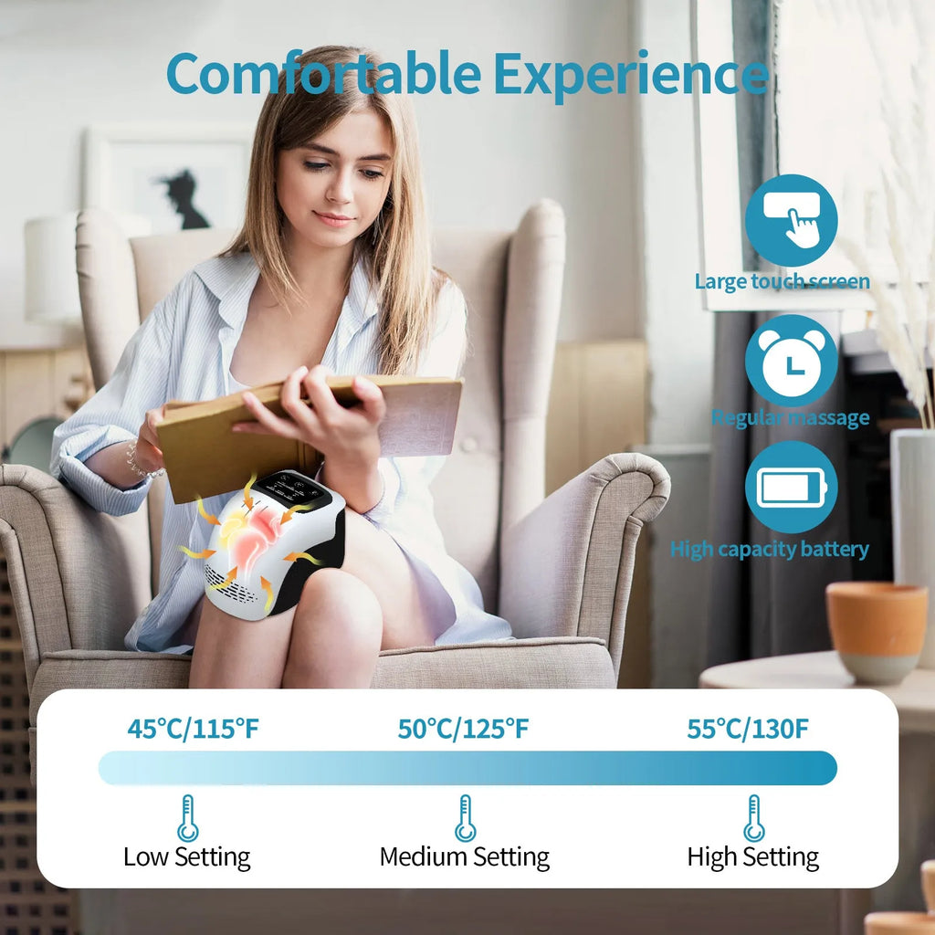 Electric knee massager with intelligent kneading and heating, white colour, USB rechargeable, placed on a sofa