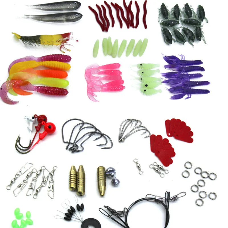 Rose red treasure coloured fishing lure set case containing 132 pieces of plastic soft baits and high carbon steel fishhooks