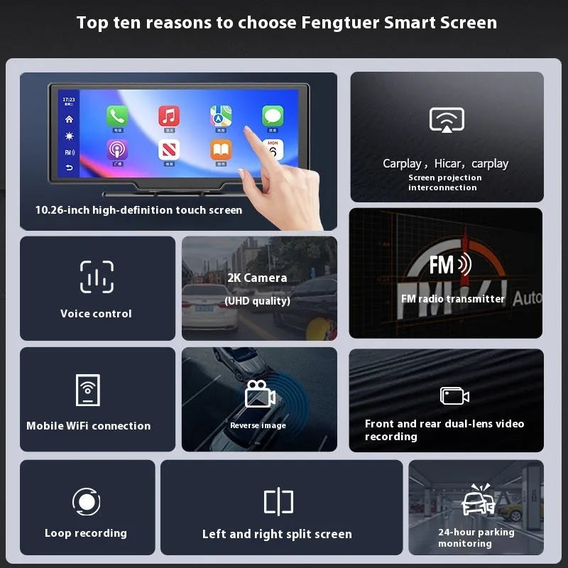10-inch car smart screen with CarPlay, driving recorder, and navigation functions on dashboard