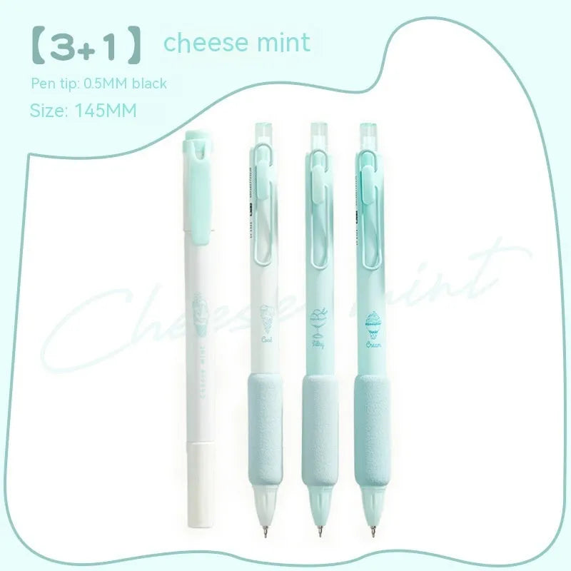 Four double headed fluorescent calligraphy pens with 0.5mm tips for student handwriting practice