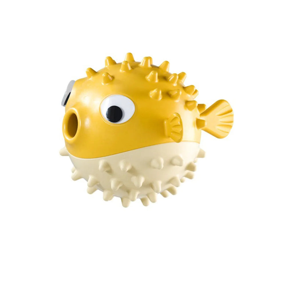 Yellow fish-shaped vinyl dog chew toy with textured surface and squeaker for aggressive chewers