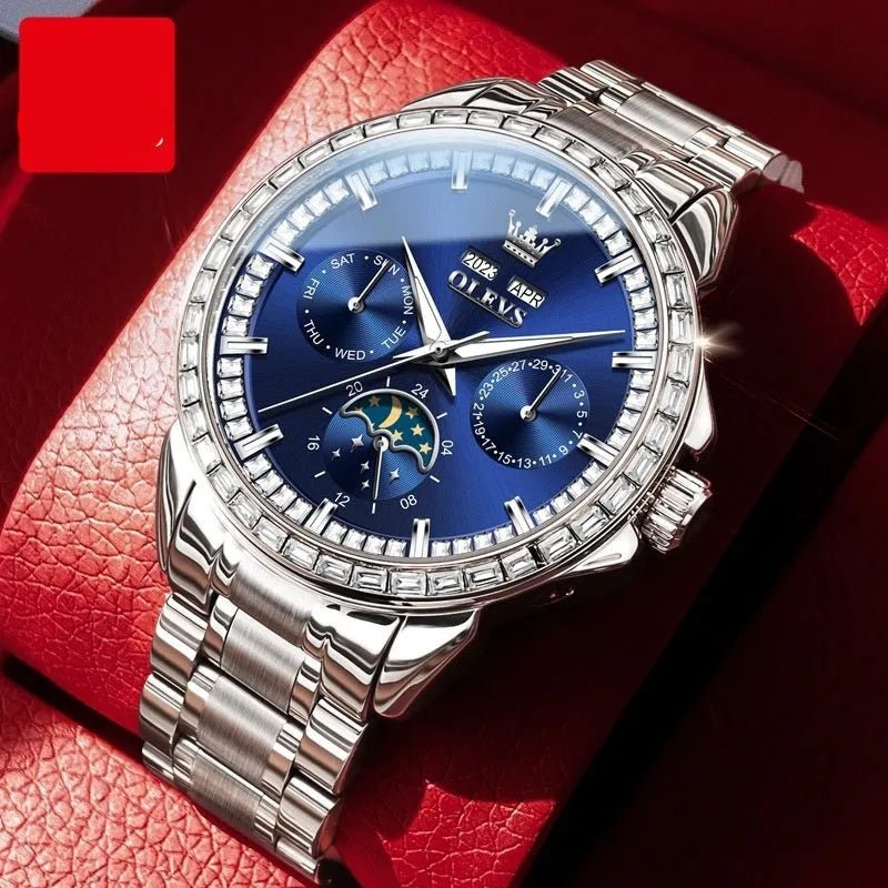 Men's stainless steel automatic watch with diamond markers and sapphire crystal