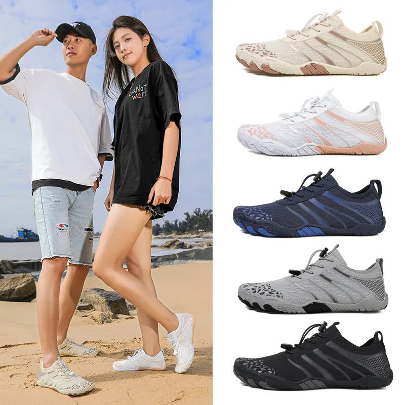 Unisex casual beach running shoes in Lycra stretch fabric, shown in beige colour.