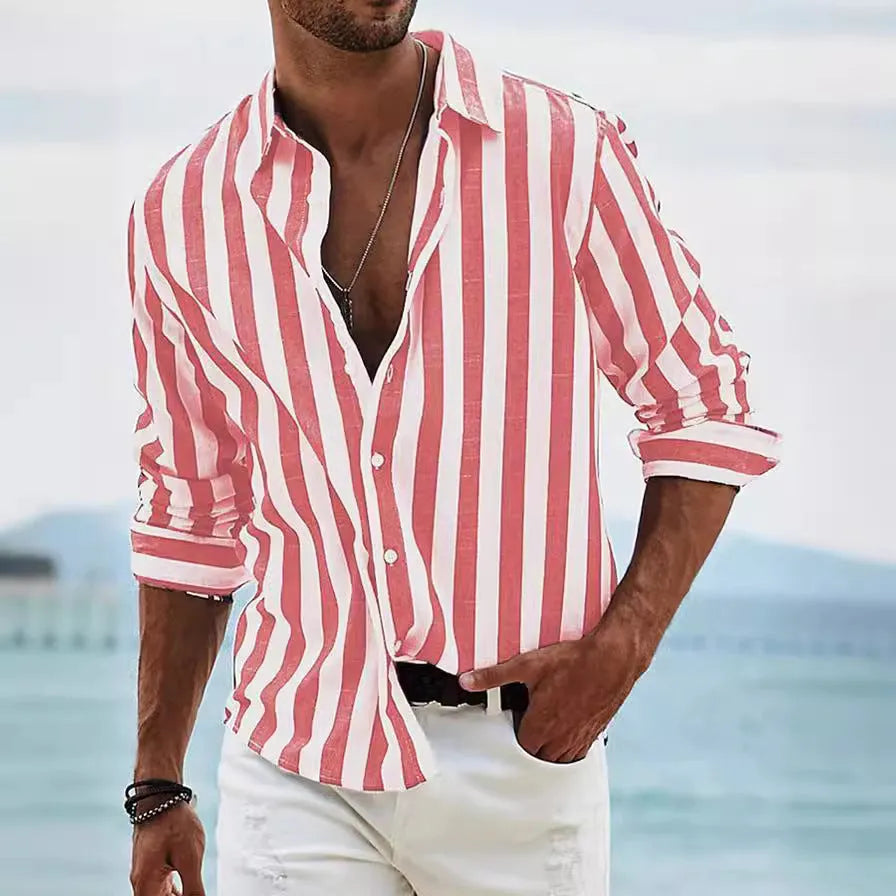 Men's striped casual shirt in loose fit cardigan style with long sleeves
