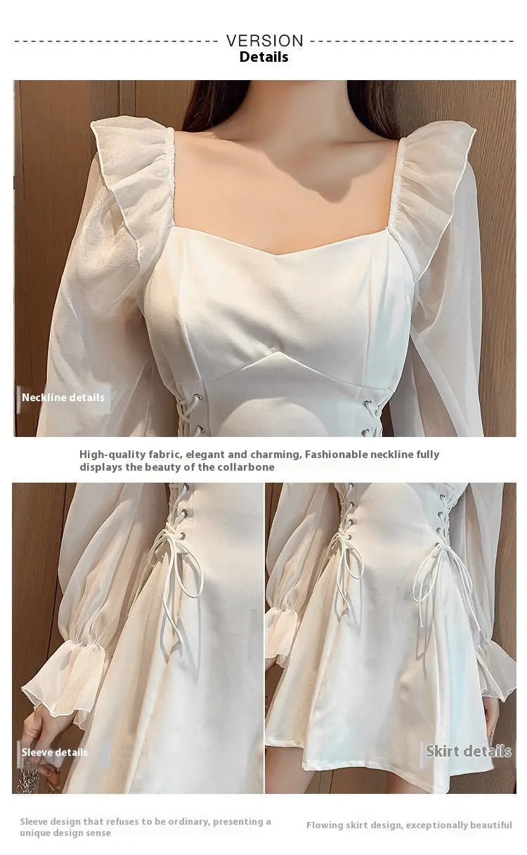 White chiffon patchwork women's dress with long sleeves and waist-slimming design