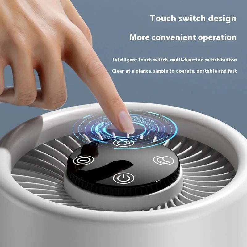 White desktop air purifier with USB cable for small room air quality improvement.