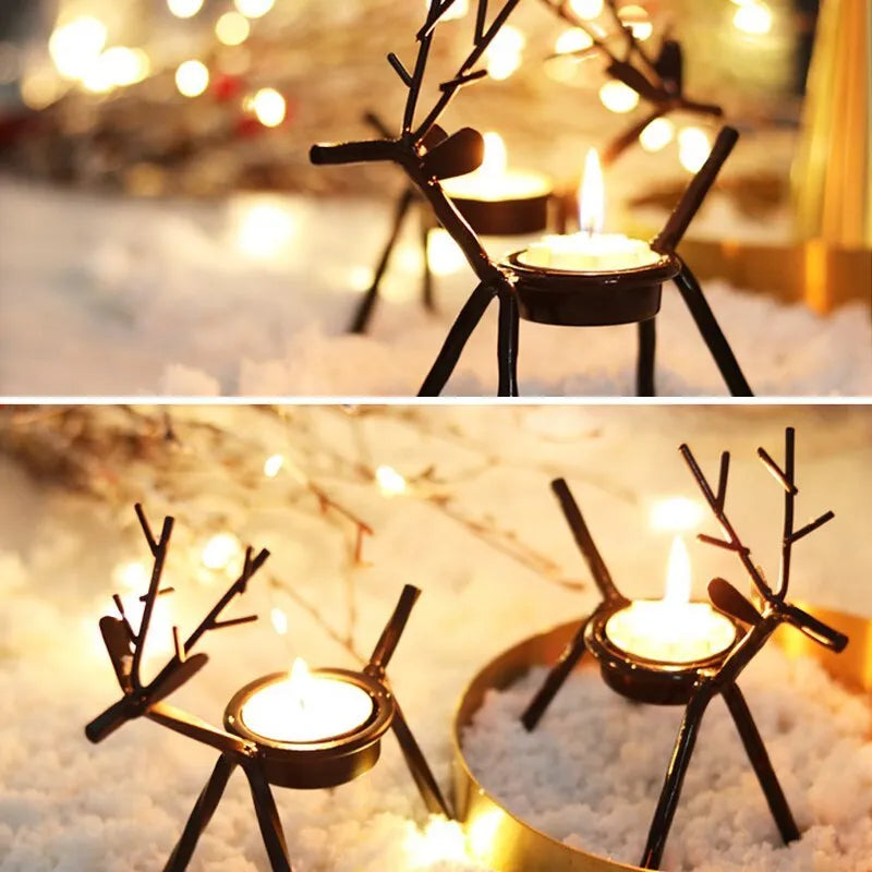 Black iron Christmas deer candlestick holder with Santa Claus and snowman decoration