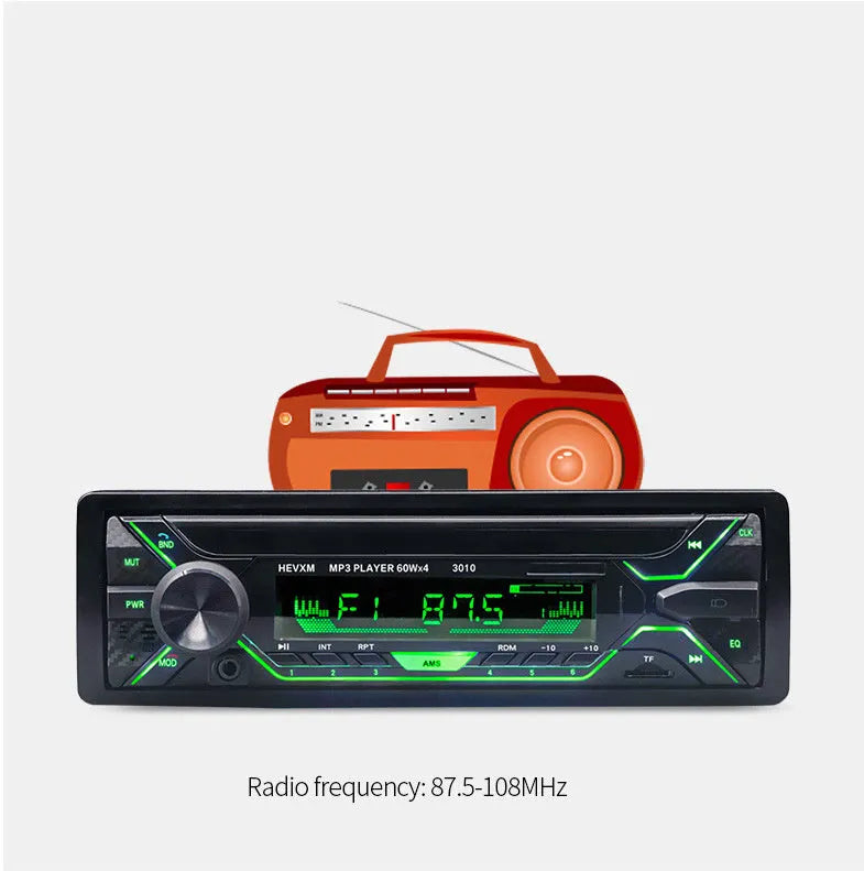 Car radio MP3 player with Bluetooth, USB slot, AUX input, and LCD display panel for 12V vehicles