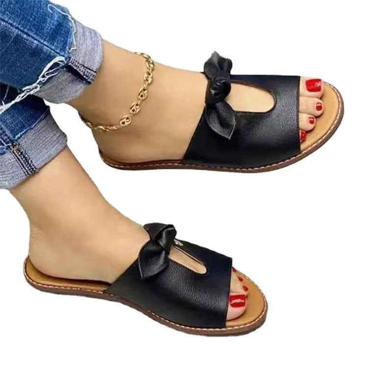 Ladies sandals with bow decoration on fish mouth slipper design in black, pink or gold colours