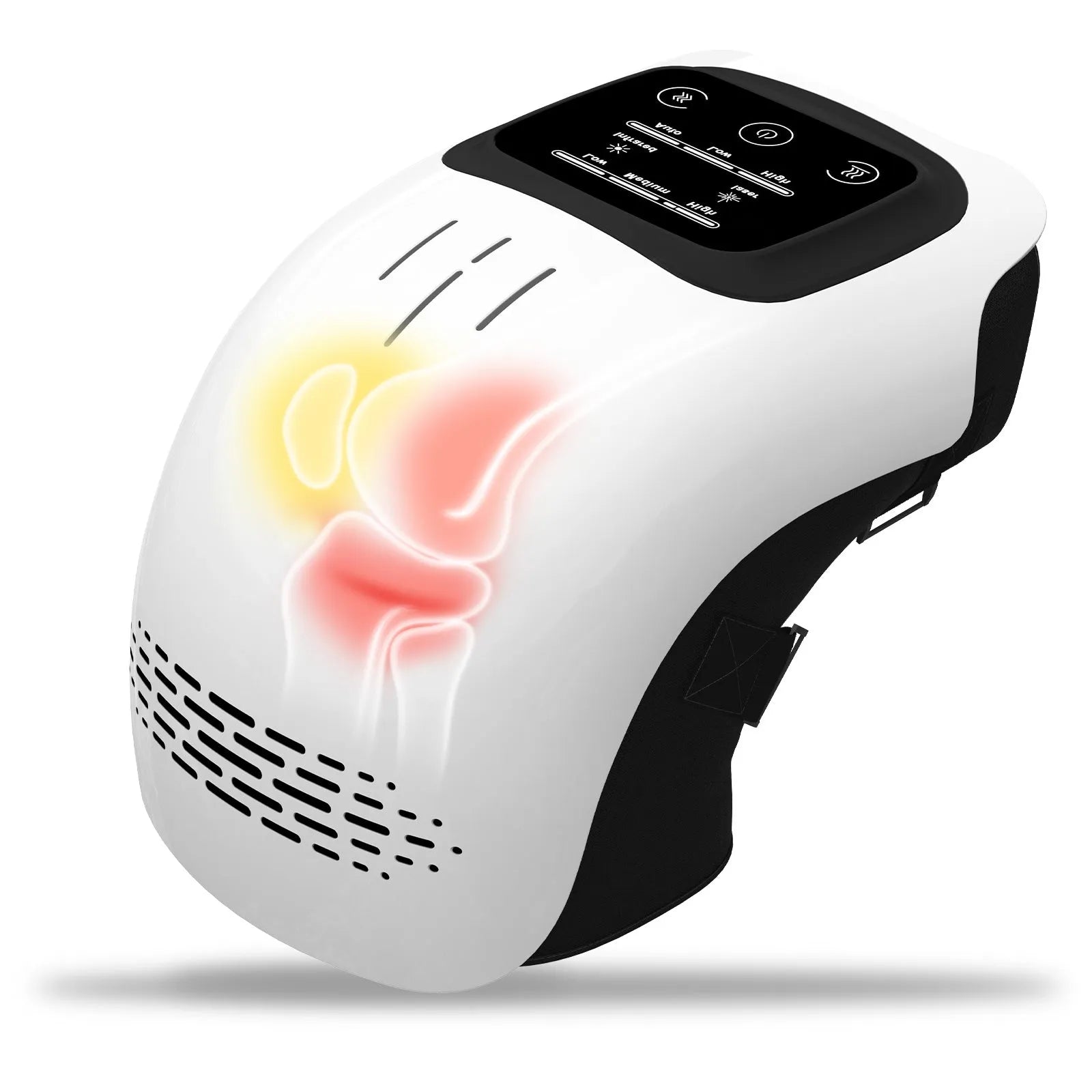 Electric knee massager with intelligent kneading and heating, white colour, USB rechargeable, placed on a sofa