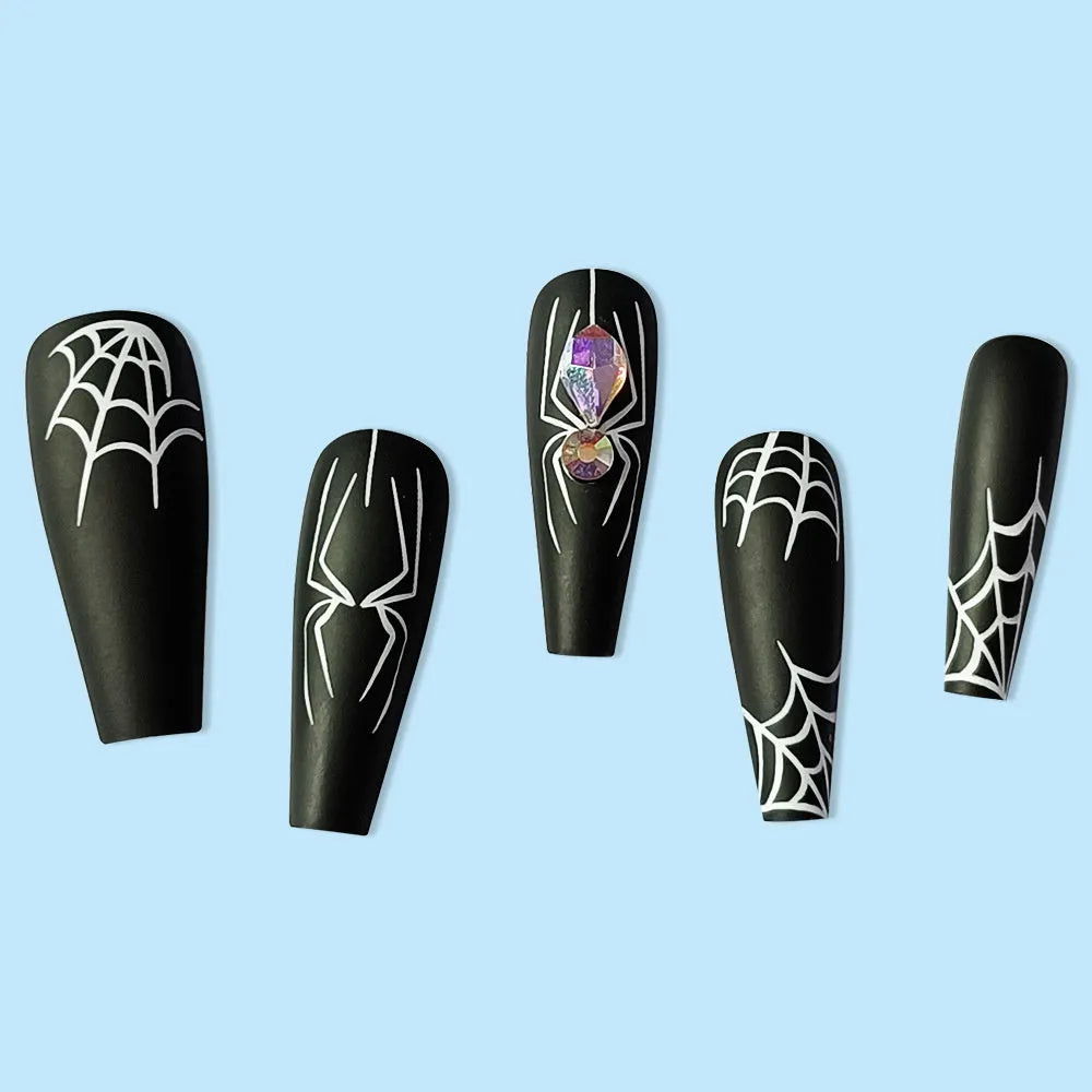 Set of 24 dark spider nail art pieces with glue, long length, sweet and cool INS style cartoon pattern