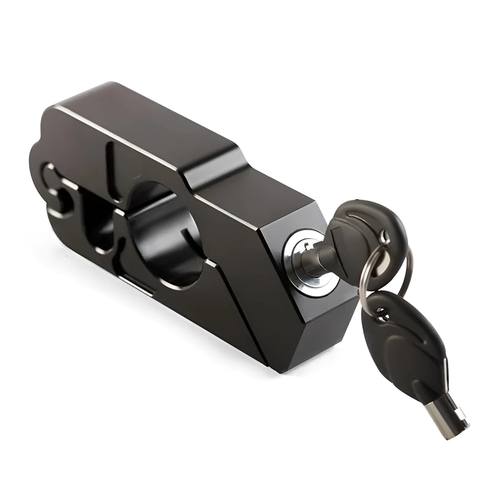 Black CNC aluminium motorcycle handlebar lock with key inserted, on a motorcycle brake lever