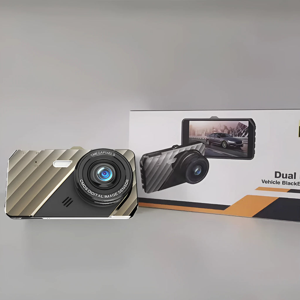 4 inch front and rear dual lens dashcam with touch screen, 170° angle, and night vision