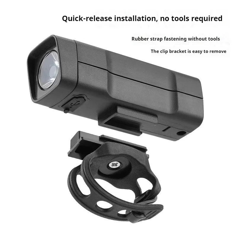 Bicycle headlight with USB charging port and quick release strap bracket for handlebar mounting