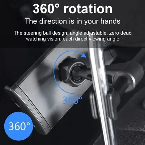 Black plastic car phone holder mounted on rear seat base holding a tablet for navigation