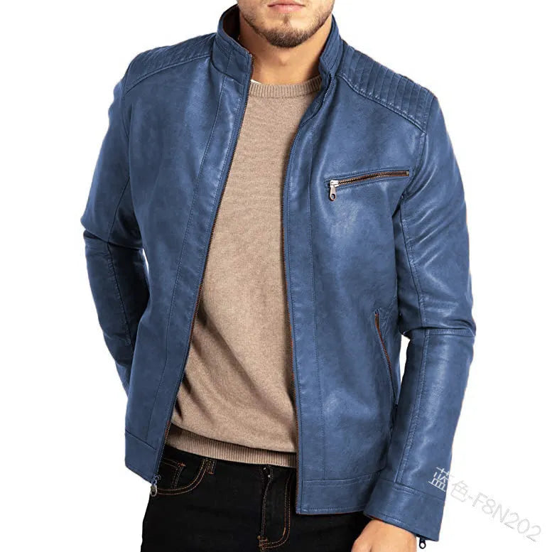 Men's brown artificial leather punk motorcycle jacket with a stand collar and straight hem.