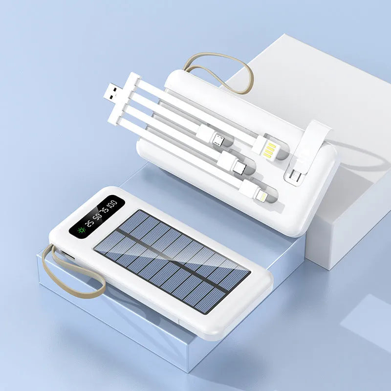 Solar power bank in black or white with capacity options of 20000mAh and 30000mAh