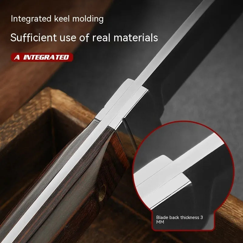 Camping portable fruit knife in stainless steel with leather case.