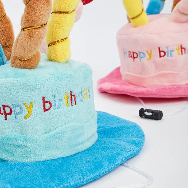 A blue or pink lightweight birthday hat for dogs on a white background.