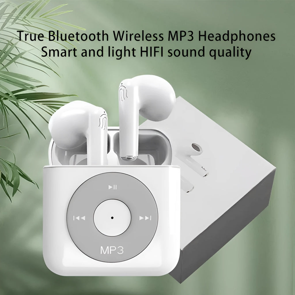 White wireless Bluetooth semi-in-ear earphones with a charging compartment on a white background.