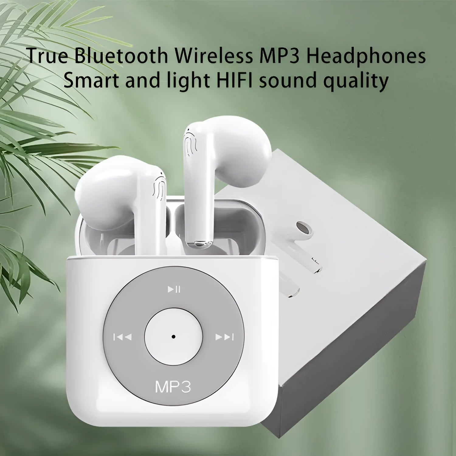 White wireless Bluetooth semi-in-ear earphones with a charging compartment on a white background.