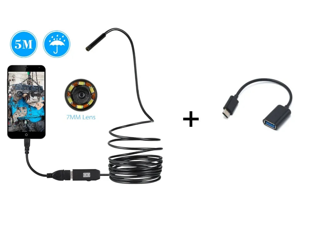 OWSOO USB endoscope camera with 5 metre cable, 7mm lens, and six LED lights for phone and computer inspection