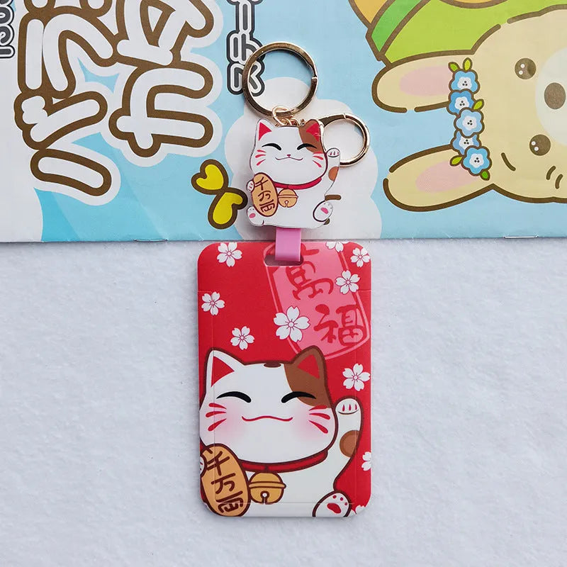 Lucky cat blessing certificate set with plastic card sleeve and ferrule pendant in cartoon style