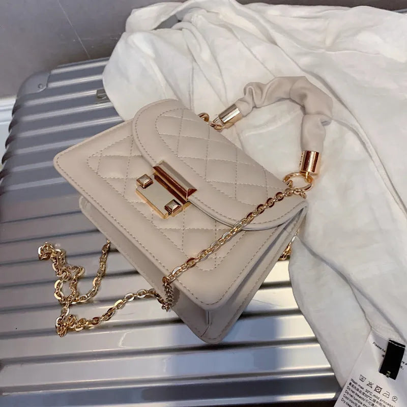Korean-style women's chain messenger bag with rhombus pattern in PU leather showing beige colour option