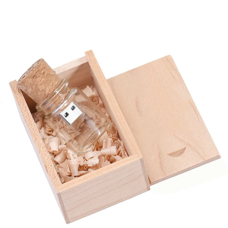 Chocolate brown wooden USB flash drive with custom lettering showing dimensions of 8.5cm by 5.6cm