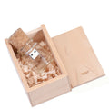 Chocolate brown wooden USB flash drive with custom lettering showing dimensions of 8.5cm by 5.6cm