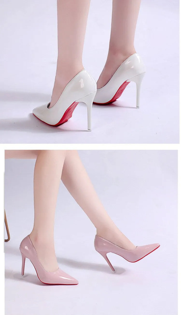 Women's solid colour pointed toe pumps with a stiletto heel and shallow cut, shown in multiple colour options.
