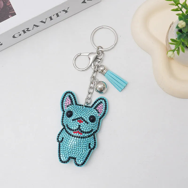 French dog rhinestone keychain with 5-7cm electroplated alloy animal charm in caramel colour