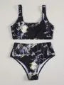 Women's high waist bikini with marble tie-dye pattern and U-neck swim top