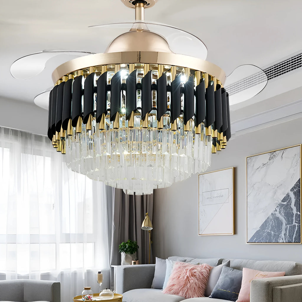 Crystal chandelier ceiling fan light with remote control in 42 or 48 inch diameter options